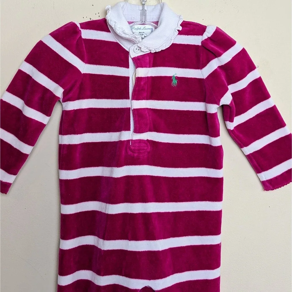 Polo Ralph Lauren Pink &‎ White Striped Velour Footie One Piece Romper 9 Months